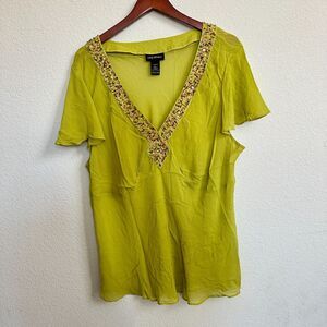 Lane Bryant Top 22/24 Babydoll 100% Silk Women Y2K Beaded Chartreuse Sheer